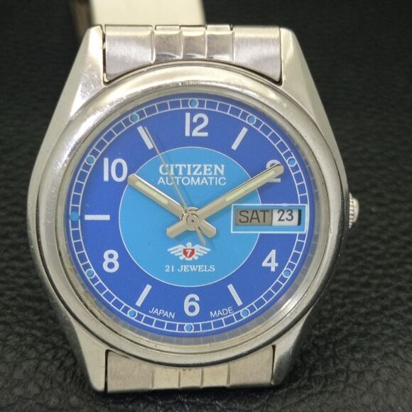Vintage 1987 Citizen Automatic Mens Silver Watch W/daydate & Blue accents - Picture 4 of 10